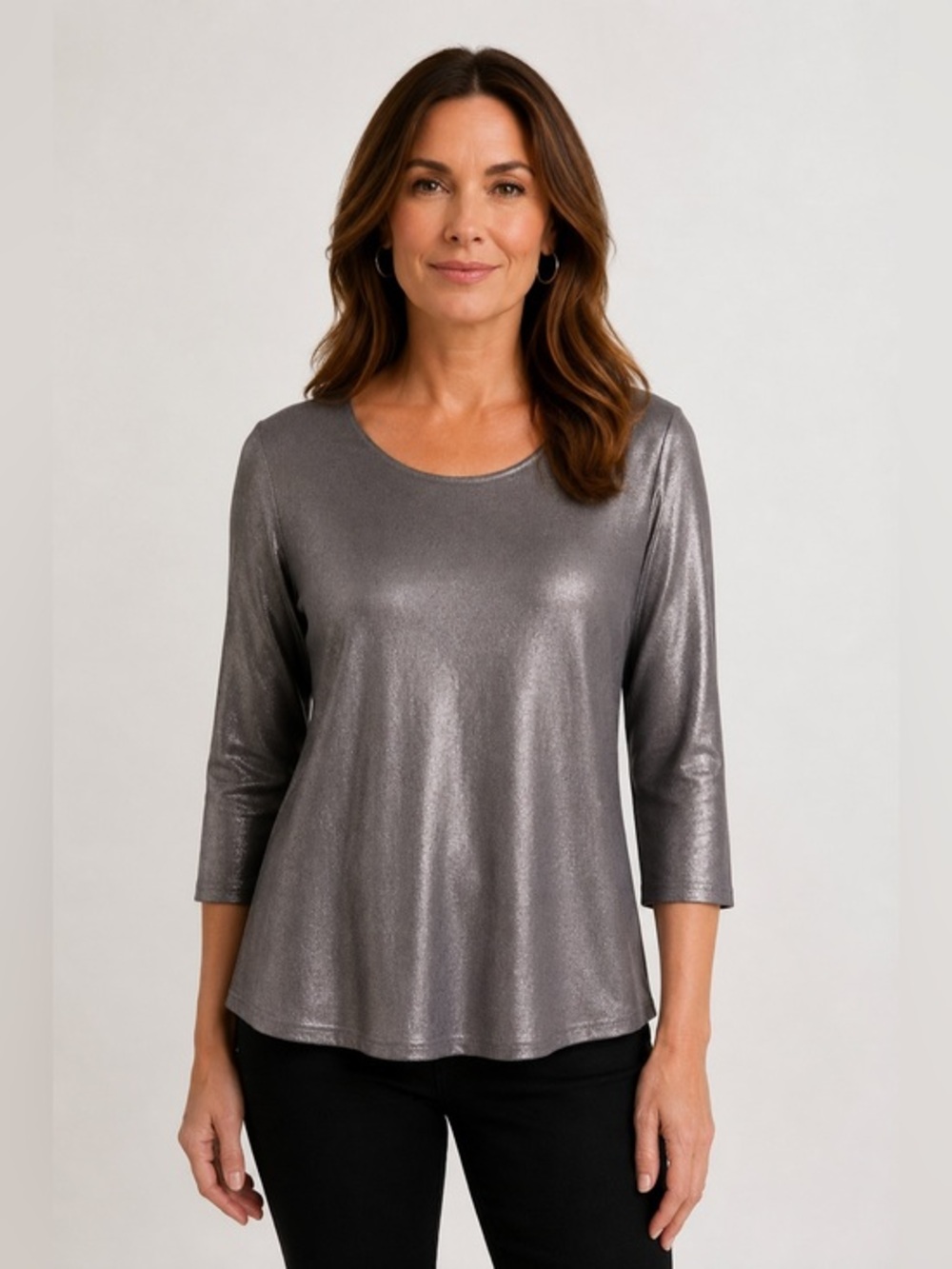 Chico’s Metallic Silver Shimmer Tunic Top 3/4 Sleeve Stretch Knit Size 1